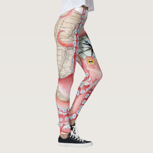 Red Octopus Vintag Map Compass Leggings (Rechts)