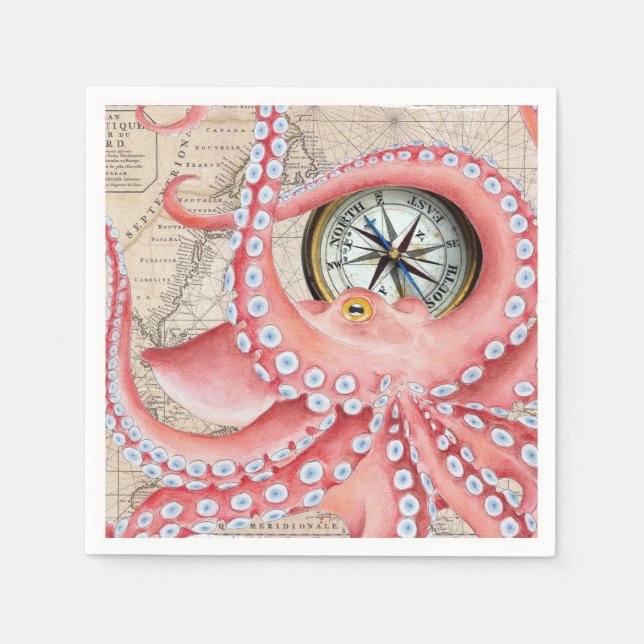 Red Octopus Vintag Map Compass Serviette (Vorderseite)