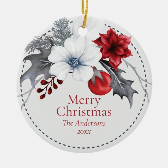 Red Off-White Silver Foliage Weihnachten Keramik Ornament (Vorne)