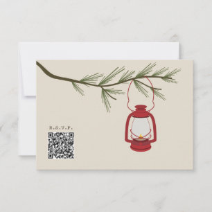 Red Oil Lantern Evergreen Camping Wedding QR Code RSVP Karte