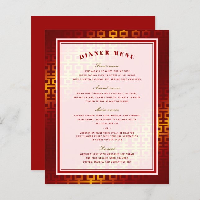 Red Ombre Double Happiness Chinese Wedding Menu (Vorne/Hinten)