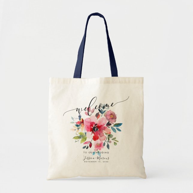 Red Ombre+Dusty Blue Watercolor Blume Willkommen Tragetasche (Vorne)