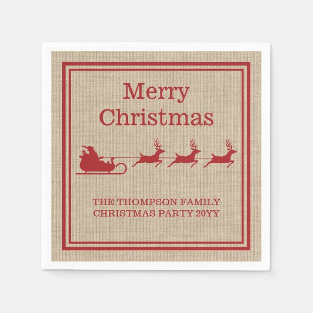 Red On Beige Santa's Sleigh Weihnachts-Silhouette Serviette (Vorderseite)