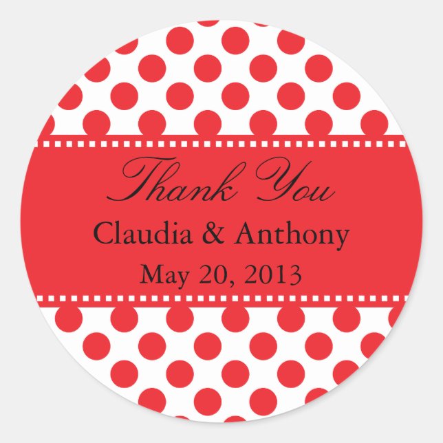 Red on White Polka Dot Danke für Hochzeit Runder Aufkleber (Vorderseite)