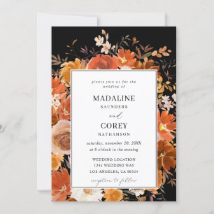 Red & Orange Fall Floral Wedding B - Black Einladung