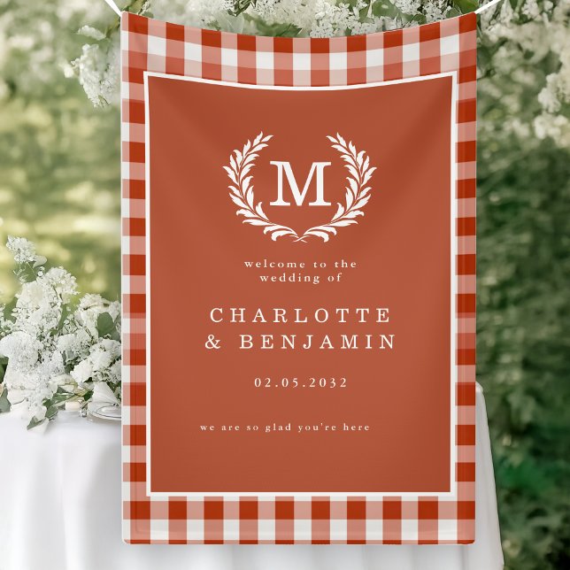 Red-Orange Gingham Monogram Wappen Wedding Welcome Banner (Red-Orange Gingham Monogram Crest Wedding Welcome Banner)