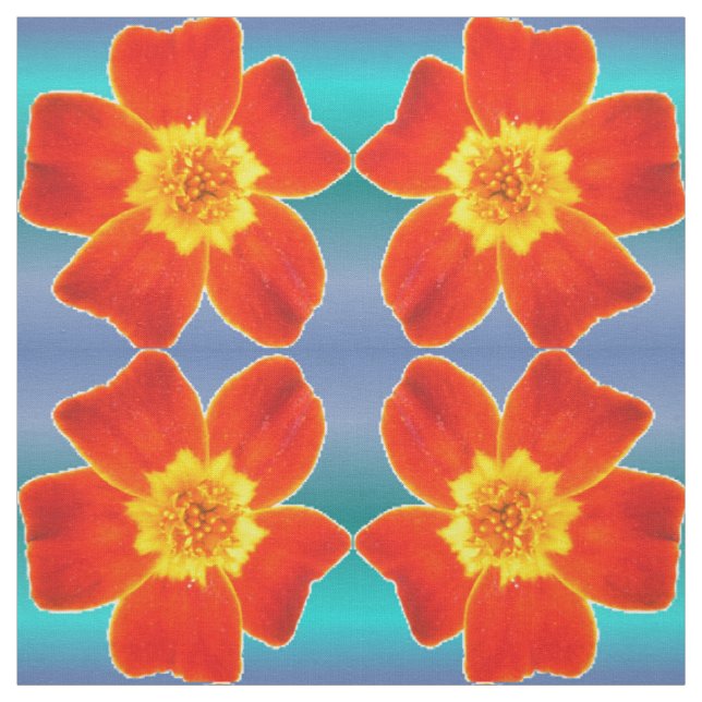 Red Orange Marigold Blume Blaues Hintergrundmuster Stoff (Muster)