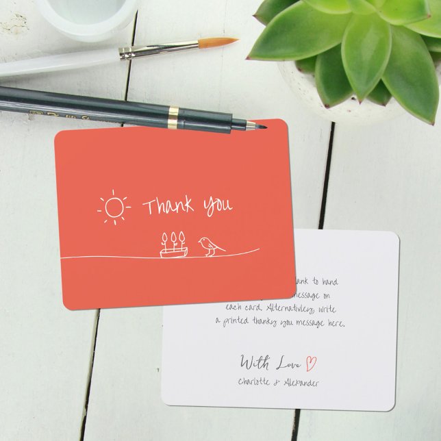 Red Orange Minimalistisch Blume Bird Sun Zeichnend Dankeskarte (Red Orange Minimalist Flowers Bird Sun Drawing Thank You Card ©Susanne Sachers - Sunny Mind 🌞)
