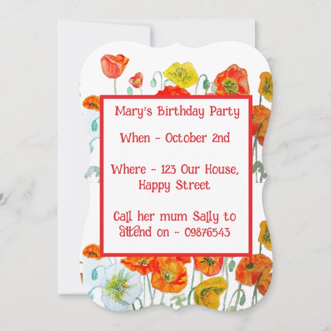 Red Orange Poppies Floral Girl Birthday Invitation Einladung (Vorderseite)