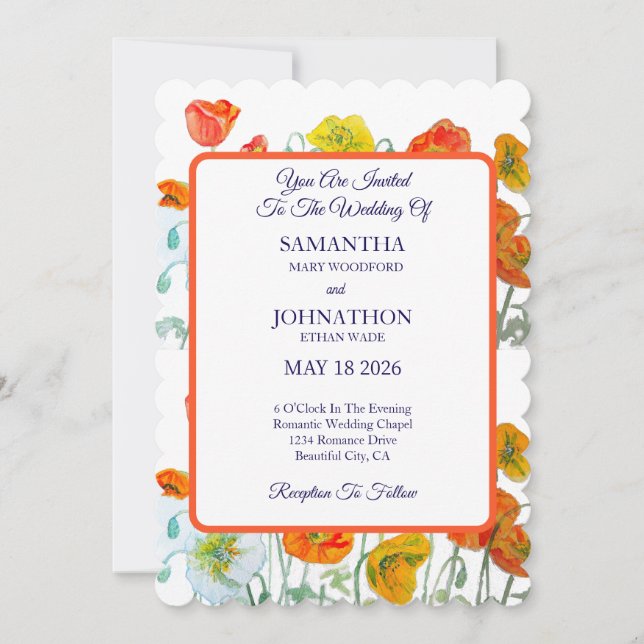 Red Orange Poppy Poppies Wedding Einladung (Vorderseite)