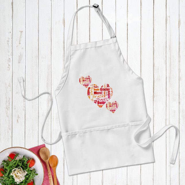 Red & Orange Vielen Dank Word Cloud Hearts Schürze (Keep clean with a three heart multilingual word collage apron design. Check it out on all 3 colors.)
