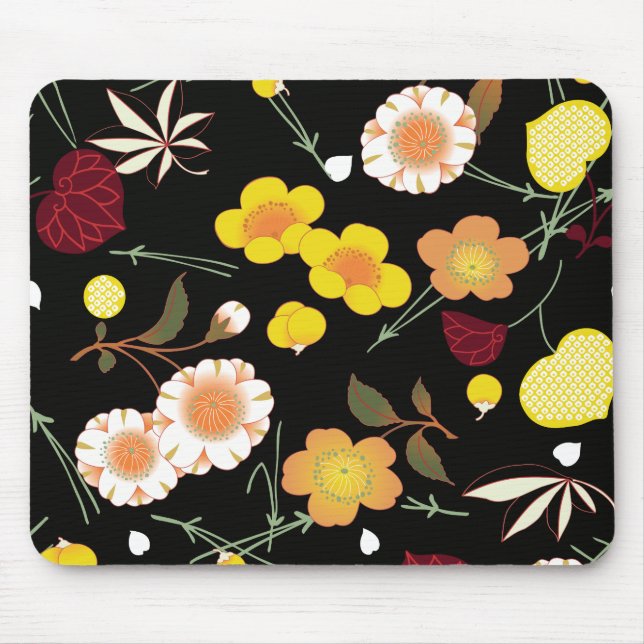 Red Orange Yellow Fine Japanisch Floral Kimono Mousepad (Vorne)