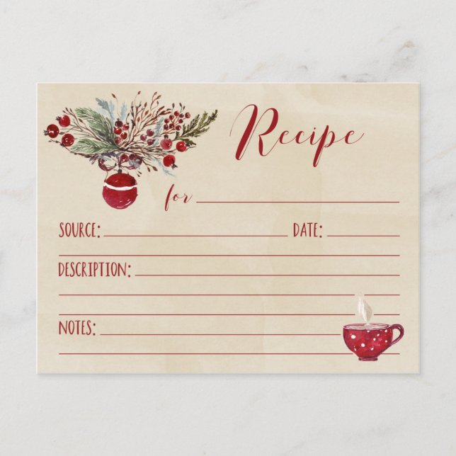 Red Ornament Holiday Rezept Wasserfarbe Hintergrun Postkarte (Vorderseite)