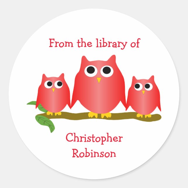 Red Owls Design Bookplate Runder Aufkleber (Vorderseite)