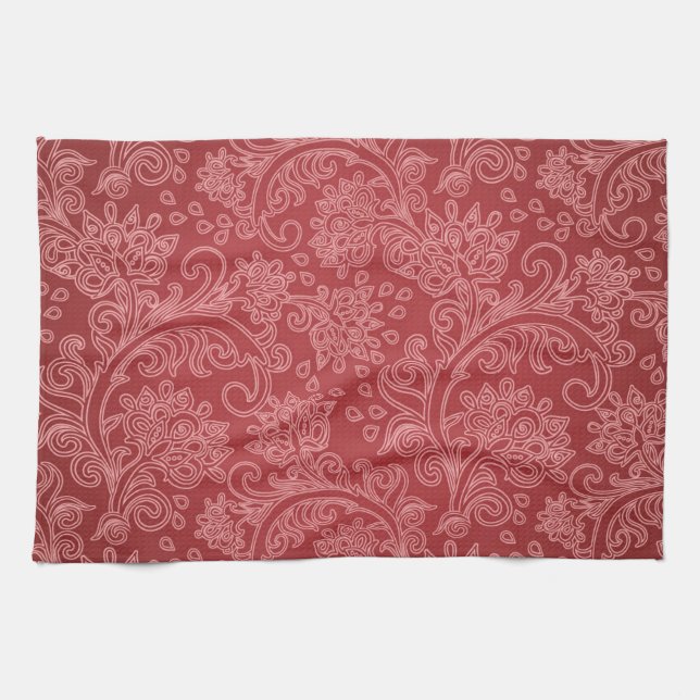 Red Paisley Damask Designer Floral Classic Geschirrtuch (Horizontal)