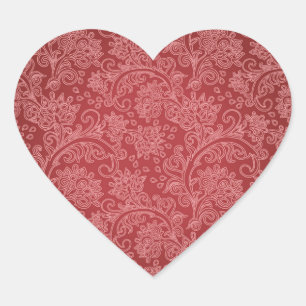 Red Paisley Damask Designer Floral Classic Herz-Aufkleber