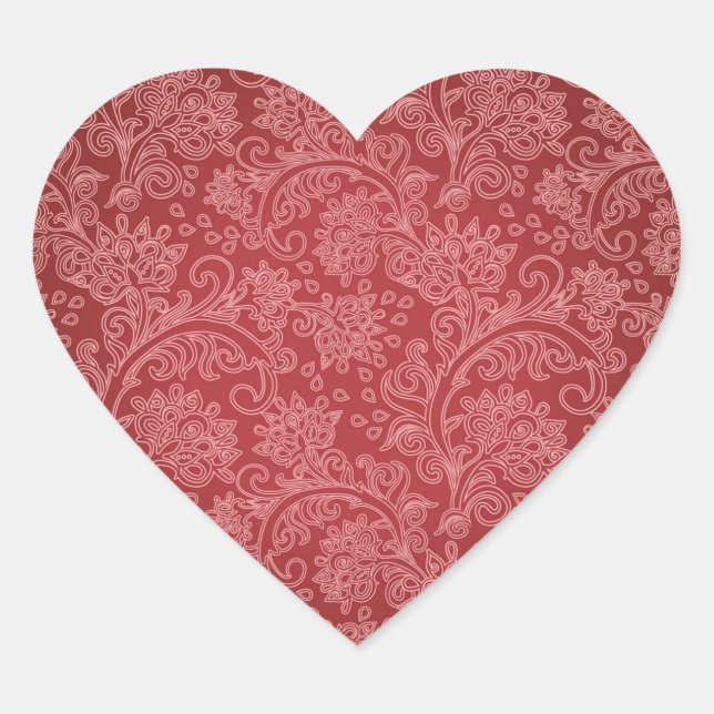 Red Paisley Damask Designer Floral Classic Herz-Aufkleber (Vorderseite)