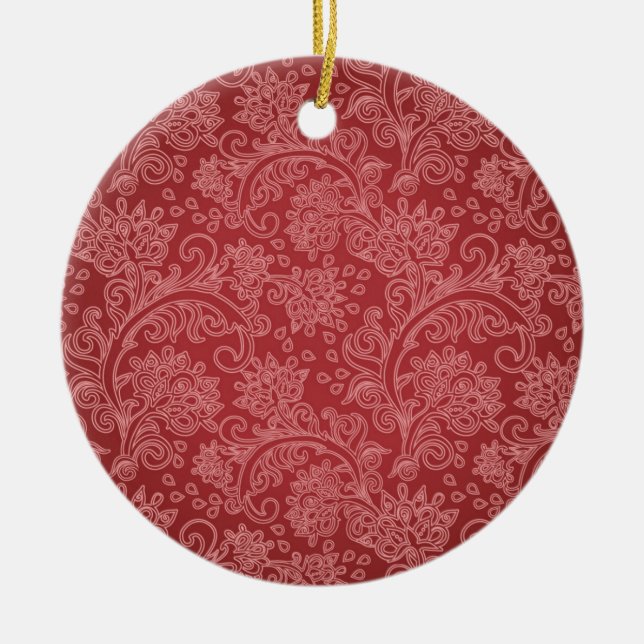 Red Paisley Damask Designer Floral Classic Keramik Ornament (Vorne)