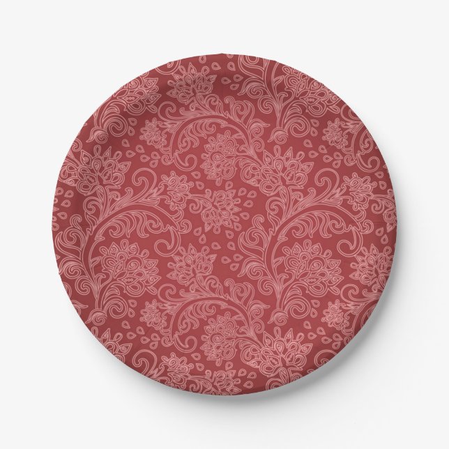 Red Paisley Damask Designer Floral Classic Pappteller (Vorderseite)