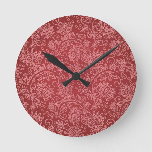 Red Paisley Damask Designer Floral Classic Runde Wanduhr (Vorderseite)