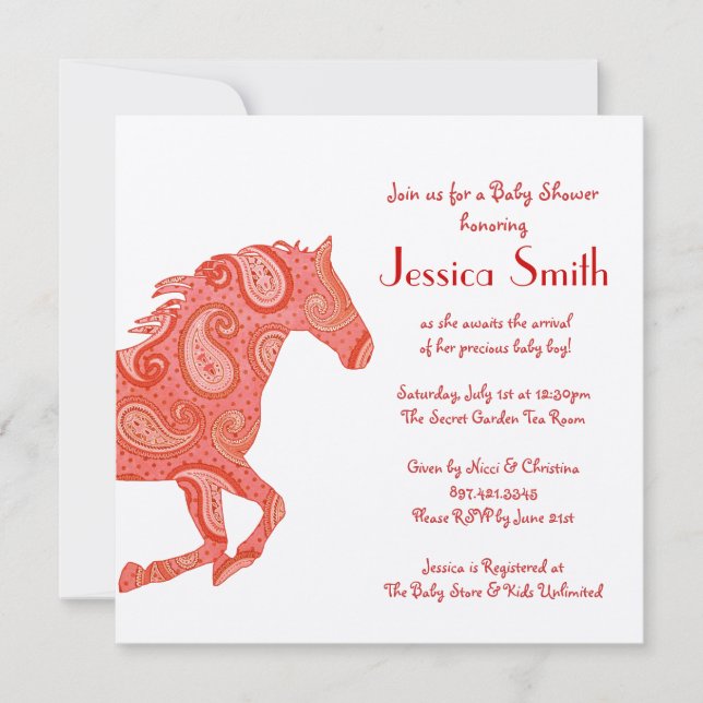Red Paisley Horse Baby Dusche Einladung (Vorderseite)