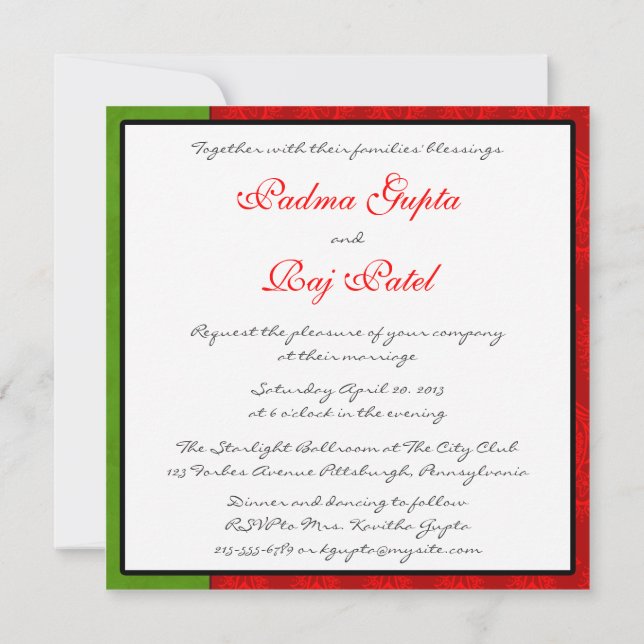 Red Paisley Peacock Indian Wedding Einladung (Rückseite)