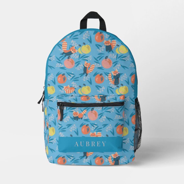 Red Panda & Apple Pattern Sky Blue Bedruckter Rucksack (Vorderseite)