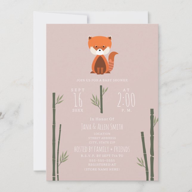 Red Panda Bamboo Pink Girl Baby Dusche Einladung (Vorderseite)