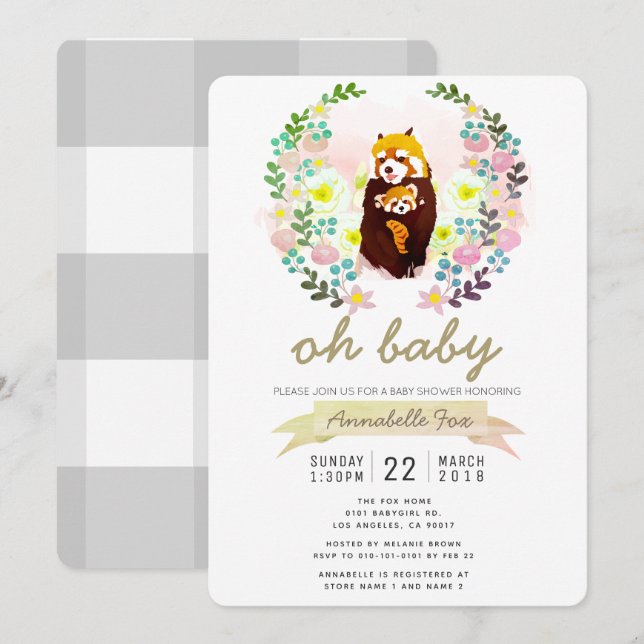 Red Panda Floral Wreath Baby Shower Einladung (Vorne/Hinten)