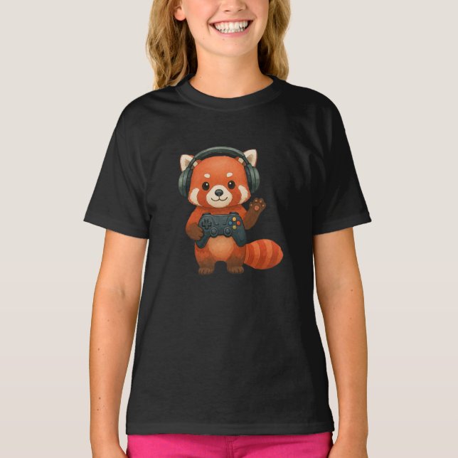 Red Panda Gamer, Gaming-Controller und Kopfhörer T-Shirt (Vorderseite)