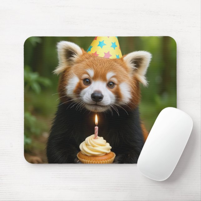 Red Panda Holding a Birthday Cupcake Mousepad (Mit Mouse)