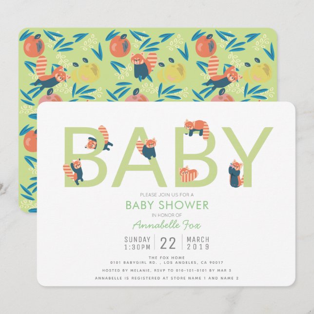 Red Panda Lime Green Baby Dusche Einladung (Vorne/Hinten)