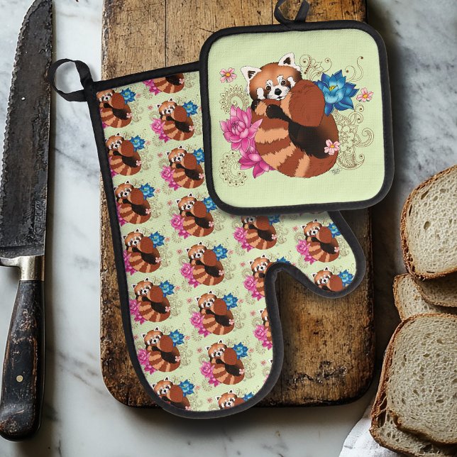 Red Panda Lotus Blume Henna Ofenhandschuh & Topflappen-Set (Von Creator hochgeladen)