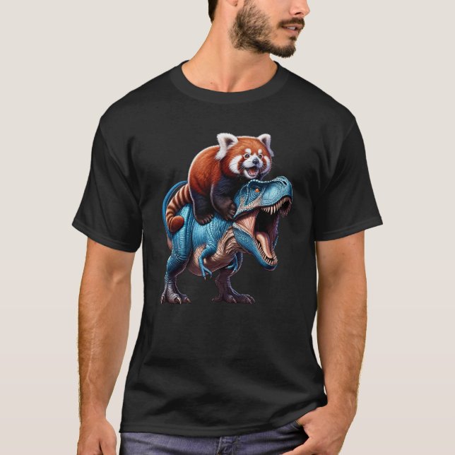 Red Panda Riding Dinosaur Lover T-Shirt (Vorderseite)