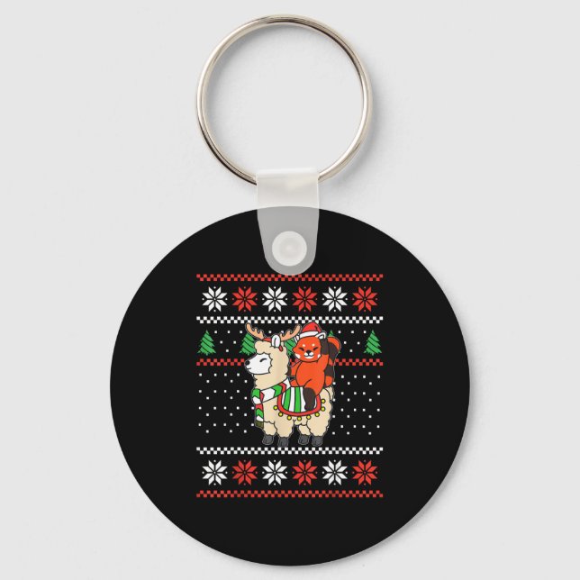 Red Panda Ugly Christmas Sweater Reindeer Llama Ri Schlüsselanhänger (Vorderseite)