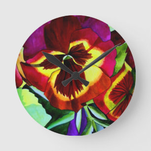 Red pansies watercolor flower original art runde wanduhr