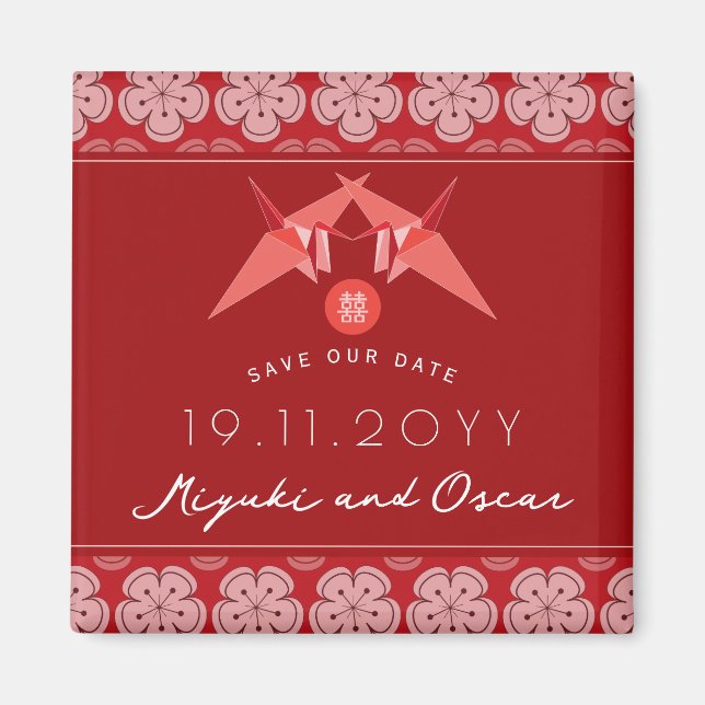 Red Paper Crane Sakura Asian Wedding rettet das Da Magnet (Vorne)