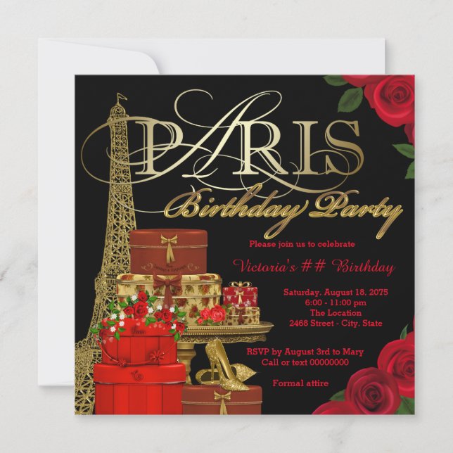 Red Paris Birthday Party Einladung (Vorderseite)