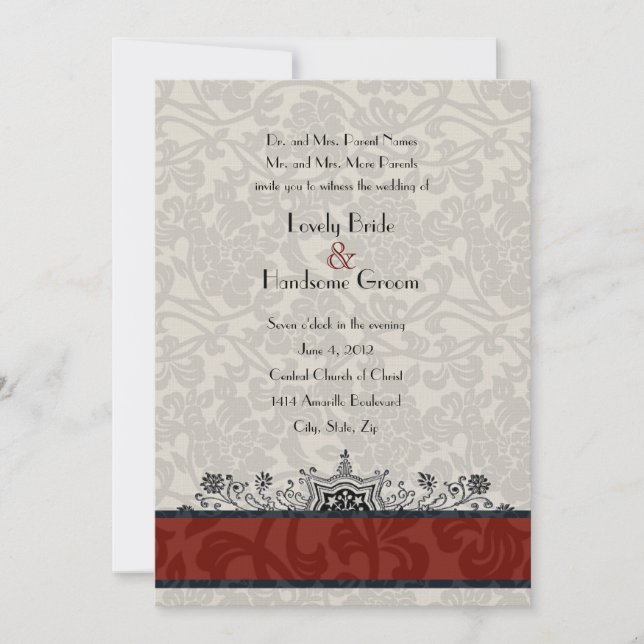 Red Paris Damask Eiffel Tower Wedite Einladung (Vorderseite)
