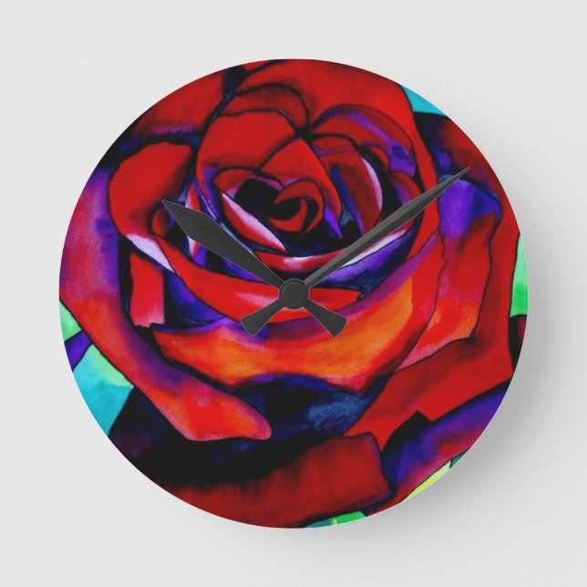 Red Passion Original rosa Watercolor Art Runde Wanduhr (Vorderseite)