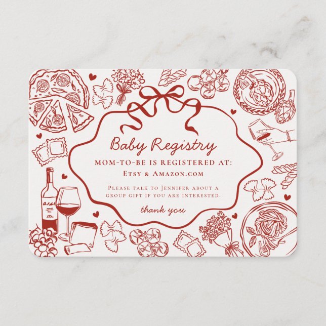 Red Pasta Special Delivery Italian Baby Registry Begleitkarte (Vorderseite)