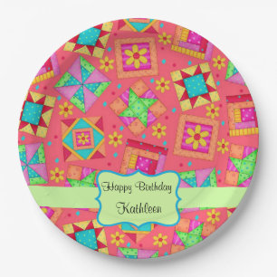 Red Patchwork Quilt Blockname Happy Birthday Pappteller