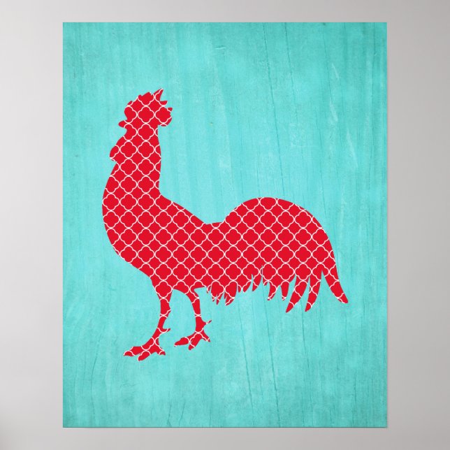 Red Patterned Rooster Silhouette Poster (Vorne)