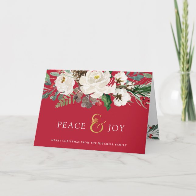 Red Peace und Freude | Floral Merry Christmas Feiertagskarte (Vorderseite)