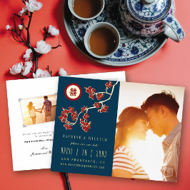 Red Peach Blossoms Double Xi Photo Save The Date Folie Einladungspostkarte