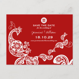 Red Peacock Double Happy Chinese Save the Date Ankündigungspostkarte