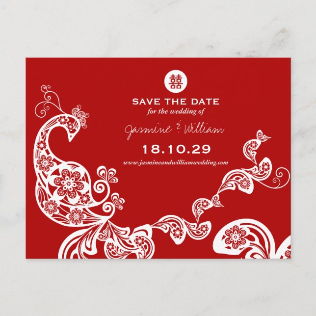 Red Peacock Double Happy Chinese Save the Date Ankündigungspostkarte (Vorderseite)
