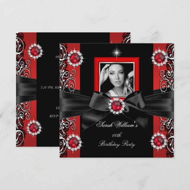 Red Pearls Birthday Party Black Silver Foto Einladung (Vorne/Hinten)