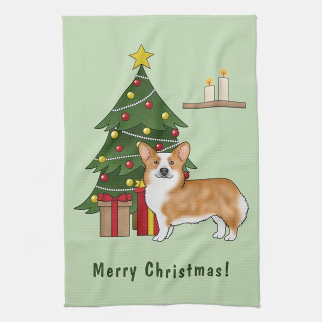 Red Pembroke Welsh Corgi Hund und Weihnachtsbaum Geschirrtuch (Vertikal)