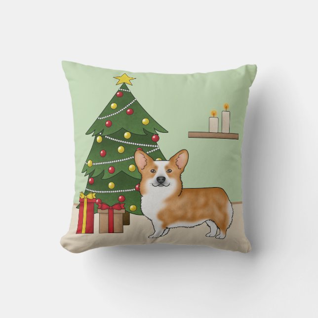 Red Pembroke Welsh Corgi Hund und Weihnachtsbaum Kissen (Vorderseite)